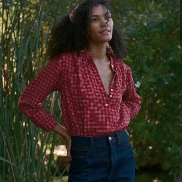 Doen Holde rouge red cottage plaid long sleeve button front shirt top - Picture 4 of 14